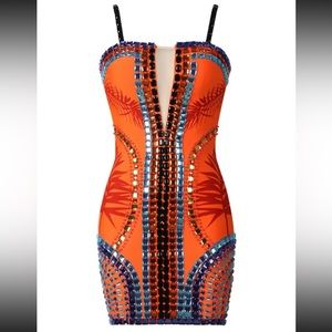 Orange Bodycon Dress Colorful Jewels Small